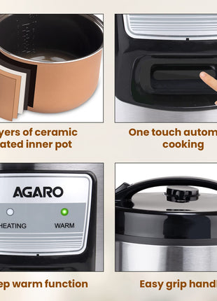 AGARO Regency Electric Rice Cooker, 5L Ceramic Coated Inner Bowl, Cooks up to 1.5Kgs (approx.10 cups) raw rice, 700 W, Easy Grip handle, Automatic Cooking, Keep Warm Function, Multipurpose Cooking 