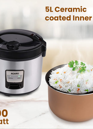 AGARO Regency Electric Rice Cooker, 5L Ceramic Coated Inner Bowl, Cooks up to 1.5Kgs (approx.10 cups) raw rice, 700 W, Easy Grip handle, Automatic Cooking, Keep Warm Function, Multipurpose Cooking 