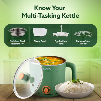 AGARO Regency Multi Cook Kettle With Steamer, 1.2L Inner Pot, Double Layered Body, Variable Temperature Settings, Wide Mouth, Boiling, Steaming, Tea, Coffee, Egg, Vegetable Boiling, 600W, Sea Green 