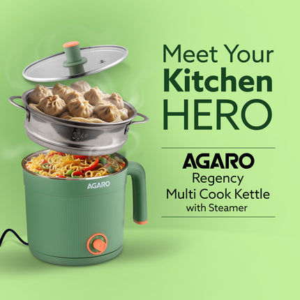 AGARO Regency Multi Cook Kettle With Steamer, 1.2L Inner Pot, Double Layered Body, Variable Temperature Settings, Wide Mouth, Boiling, Steaming, Tea, Coffee, Egg, Vegetable Boiling, 600W, Sea Green 