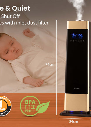 AGARO Royal Cool Mist Top Fill Ultrasonic Humidifier, For Bedroom, Home, Office, Multifunction Touch Panel With Led Diplay And Remote, 360° Nozzle, Super Quiet, Auto Shut Off(Black), 8 liter 