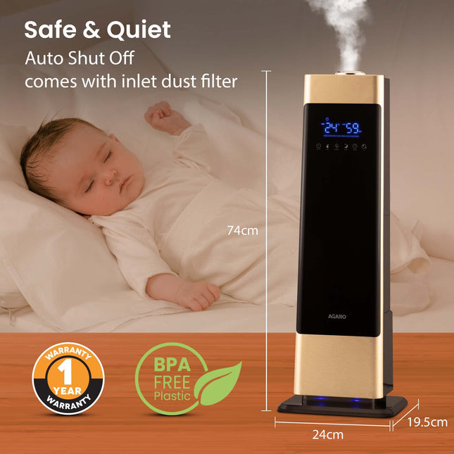 AGARO Royal Cool Mist Top Fill Ultrasonic Humidifier, For Bedroom, Home, Office, Multifunction Touch Panel With Led Diplay And Remote, 360° Nozzle, Super Quiet, Auto Shut Off(Black), 8 liter 