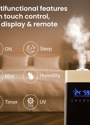 AGARO Royal Cool Mist Top Fill Ultrasonic Humidifier, For Bedroom, Home, Office, Multifunction Touch Panel With Led Diplay And Remote, 360° Nozzle, Super Quiet, Auto Shut Off(Black), 8 liter 