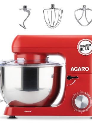 AGARO Supreme Stand Mixer 1500W with 6.2L SS Bowl, 6 Speed Setting, Pulse Function, Die Cast Aluminium Body, Copper Motor, Whisk, Mixing Beater, Dough Hook, Transparent Bowl Cover, Red 