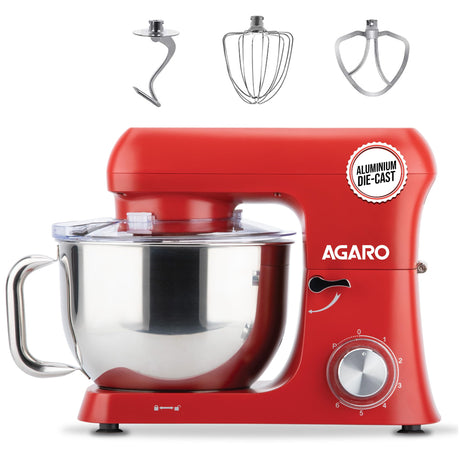 AGARO Supreme Stand Mixer 1500W with 6.2L SS Bowl, 6 Speed Setting, Pulse Function, Die Cast Aluminium Body, Copper Motor, Whisk, Mixing Beater, Dough Hook, Transparent Bowl Cover, Red 