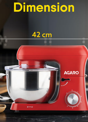 AGARO Supreme Stand Mixer 1500W with 6.2L SS Bowl, 6 Speed Setting, Pulse Function, Die Cast Aluminium Body, Copper Motor, Whisk, Mixing Beater, Dough Hook, Transparent Bowl Cover, Red 