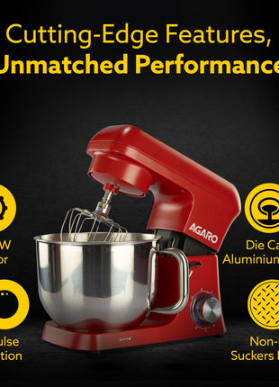 AGARO Supreme Stand Mixer 1500W with 6.2L SS Bowl, 6 Speed Setting, Pulse Function, Die Cast Aluminium Body, Copper Motor, Whisk, Mixing Beater, Dough Hook, Transparent Bowl Cover, Red 