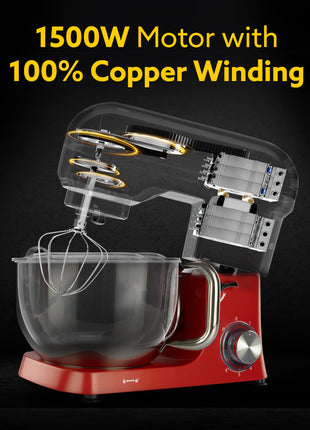AGARO Supreme Stand Mixer 1500W with 6.2L SS Bowl, 6 Speed Setting, Pulse Function, Die Cast Aluminium Body, Copper Motor, Whisk, Mixing Beater, Dough Hook, Transparent Bowl Cover, Red 
