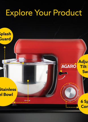 AGARO Supreme Stand Mixer 1500W with 6.2L SS Bowl, 6 Speed Setting, Pulse Function, Die Cast Aluminium Body, Copper Motor, Whisk, Mixing Beater, Dough Hook, Transparent Bowl Cover, Red 