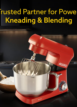 AGARO Supreme Stand Mixer 1500W with 6.2L SS Bowl, 6 Speed Setting, Pulse Function, Die Cast Aluminium Body, Copper Motor, Whisk, Mixing Beater, Dough Hook, Transparent Bowl Cover, Red 