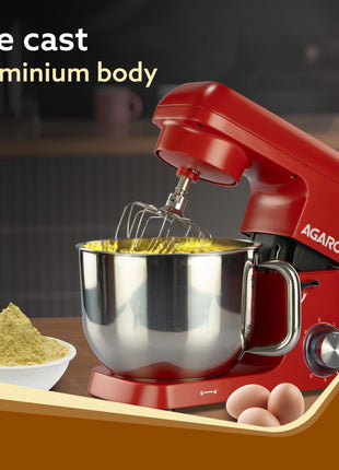 AGARO Supreme Stand Mixer 1500W with 6.2L SS Bowl, 6 Speed Setting, Pulse Function, Die Cast Aluminium Body, Copper Motor, Whisk, Mixing Beater, Dough Hook, Transparent Bowl Cover, Red 