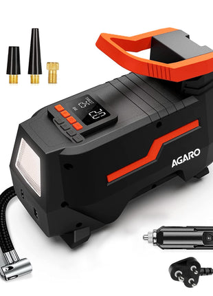AGARO TI2157 Digital Portable Tyre Inflator/Pressure Gauge, 12V DC/230V AC for Home and Car, up to 150 PSI, LED Light, Digital Display, For Bike, Bicycles and Other Inflatables (Black). 