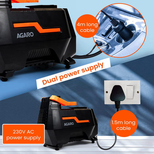 AGARO TI2157 Digital Portable Tyre Inflator/Pressure Gauge, 12V DC/230V AC for Home and Car, up to 150 PSI, LED Light, Digital Display, For Bike, Bicycles and Other Inflatables (Black). 