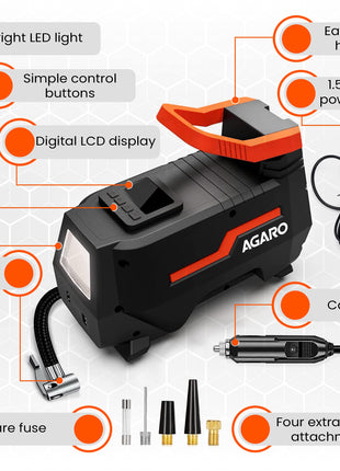 AGARO TI2157 Digital Portable Tyre Inflator/Pressure Gauge, 12V DC/230V AC for Home and Car, up to 150 PSI, LED Light, Digital Display, For Bike, Bicycles and Other Inflatables (Black). 