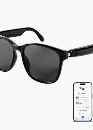 AI Smart Bluetooth Glasses, Bluetooth 5.4, Open-Ear Translation Sunglasses with 144 Languages & Accents, Polarized UV400 Lenses for Daily Travel Business Outdoor Sports (Black Frame Grey Lens) 