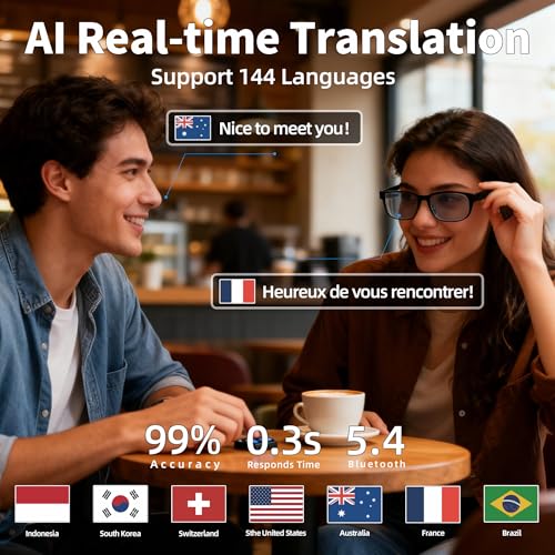 AI Smart Bluetooth Glasses, Bluetooth 5.4, Open-Ear Translation Sunglasses with 144 Languages & Accents, Polarized UV400 Lenses for Daily Travel Business Outdoor Sports (Black Frame Grey Lens) 