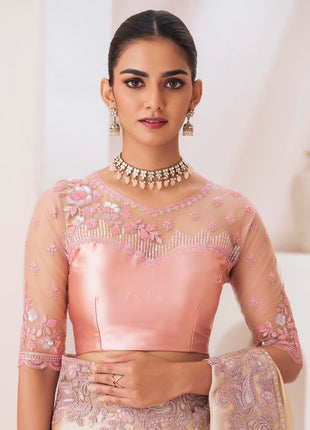 AKHILAM Women's Cream Pure Chiffon Embellished Saree With Unstitched Blouse (SNDLWOD1303_TFH) 