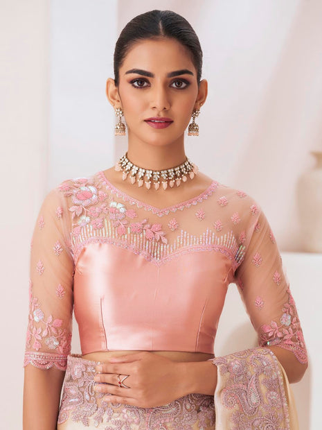 AKHILAM Women's Cream Pure Chiffon Embellished Saree With Unstitched Blouse (SNDLWOD1303_TFH) 