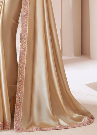 AKHILAM Women's Cream Pure Chiffon Embellished Saree With Unstitched Blouse (SNDLWOD1303_TFH) 