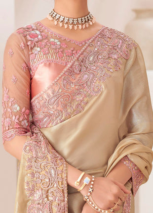 AKHILAM Women's Cream Pure Chiffon Embellished Saree With Unstitched Blouse (SNDLWOD1303_TFH) 