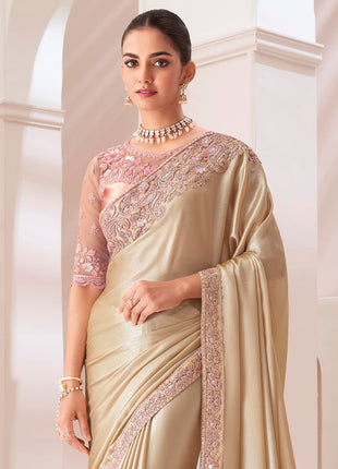 AKHILAM Women's Cream Pure Chiffon Embellished Saree With Unstitched Blouse (SNDLWOD1303_TFH) 