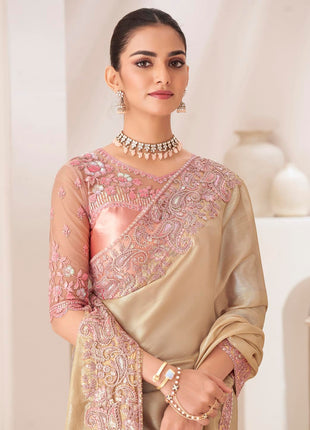 AKHILAM Women's Cream Pure Chiffon Embellished Saree With Unstitched Blouse (SNDLWOD1303_TFH) 