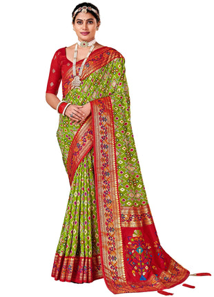 AKHILAM Women's Soft Patola Silk Ikat Print Golden Zari Border Saree With Unstitched Blouse Piece (Green_SMNGLM1002_SS) 