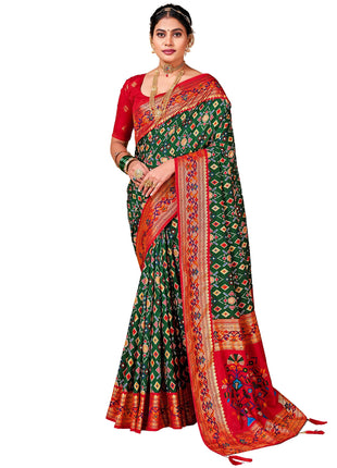 AKHILAM Women's Soft Patola Silk Ikat Print Golden Zari Border Saree With Unstitched Blouse Piece (Green_SMNGLM1005_SS) 