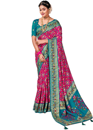 AKHILAM Women's Soft Patola Silk Ikat Print Golden Zari Border Saree With Unstitched Blouse Piece (Pink_SMNGLM1004_SS) 