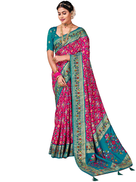 AKHILAM Women's Soft Patola Silk Ikat Print Golden Zari Border Saree With Unstitched Blouse Piece (Pink_SMNGLM1004_SS) 