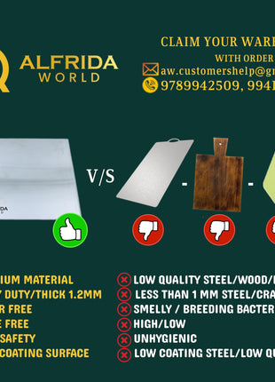 ALFRIDA WORLD Steel Chopping Board – 1st Time in India -New Launch | ISO Certified Sockist’s 202 Grade Stainless Steel Chopping Board Large | Heavy-Duty Chopping Board Steel | 30 Year Warranty (M) 