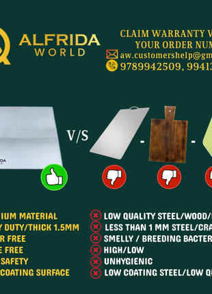 ALFRIDA WORLD Steel Chopping Board – 1st Time in India -New Launch | ISO Certified Sockist’s 304 Grade Stainless Steel Chopping Board Large | Heavy-Duty Chopping Board Steel | Life Time Warranty (L) 