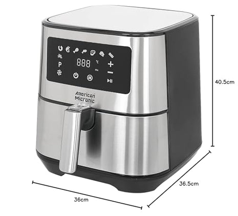 AMERICAN MICRONIC- Air Fryer-Digital- 6.5 Litre, 8 Preset Menus, 1700W Power, 200C Temperature and 60 Minute Timer - AMI-AFD-65LDx-Digital- Free recipe book-Black & Steel 