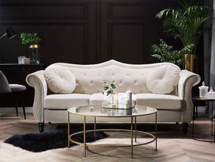 ANTIQUE WOOD ART Velvet & Couch For Modern Fahionalable Chesterfield Sofa 3-Person Sofa Couches Sleeper Sofa For Living Room, Dining Room, Bedroom, Office, And Hallway-Colour=(Beige). 