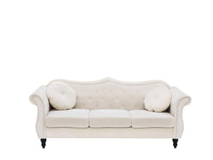 ANTIQUE WOOD ART Velvet & Couch For Modern Fahionalable Chesterfield Sofa 3-Person Sofa Couches Sleeper Sofa For Living Room, Dining Room, Bedroom, Office, And Hallway-Colour=(Beige). 