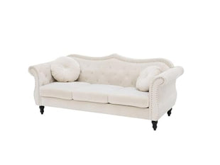 ANTIQUE WOOD ART Velvet & Couch For Modern Fahionalable Chesterfield Sofa 3-Person Sofa Couches Sleeper Sofa For Living Room, Dining Room, Bedroom, Office, And Hallway-Colour=(Beige). 