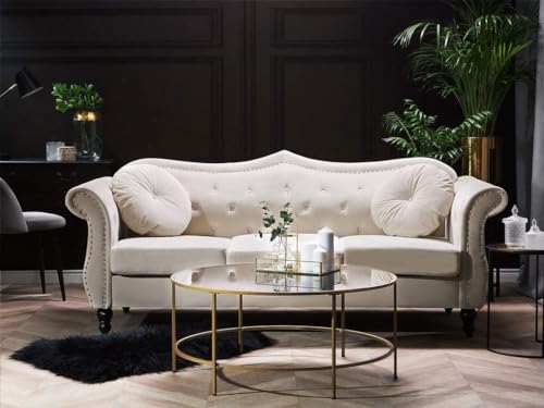 ANTIQUE WOOD ART Velvet & Couch For Modern Fahionalable Chesterfield Sofa 3-Person Sofa Couches Sleeper Sofa For Living Room, Dining Room, Bedroom, Office, And Hallway-Colour=(Beige). 