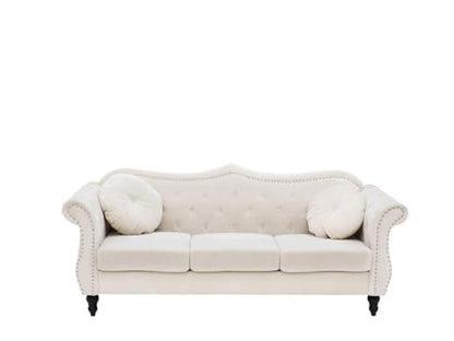 ANTIQUE WOOD ART Velvet & Couch For Modern Fahionalable Chesterfield Sofa 3-Person Sofa Couches Sleeper Sofa For Living Room, Dining Room, Bedroom, Office, And Hallway-Colour=(Beige). 