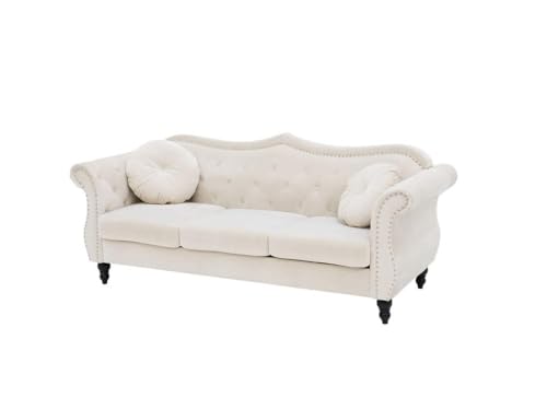 ANTIQUE WOOD ART Velvet & Couch For Modern Fahionalable Chesterfield Sofa 3-Person Sofa Couches Sleeper Sofa For Living Room, Dining Room, Bedroom, Office, And Hallway-Colour=(Beige). 
