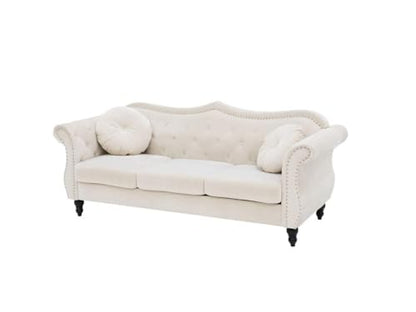 ANTIQUE WOOD ART Velvet & Couch For Modern Fahionalable Chesterfield Sofa 3-Person Sofa Couches Sleeper Sofa For Living Room, Dining Room, Bedroom, Office, And Hallway-Colour=(Beige). 