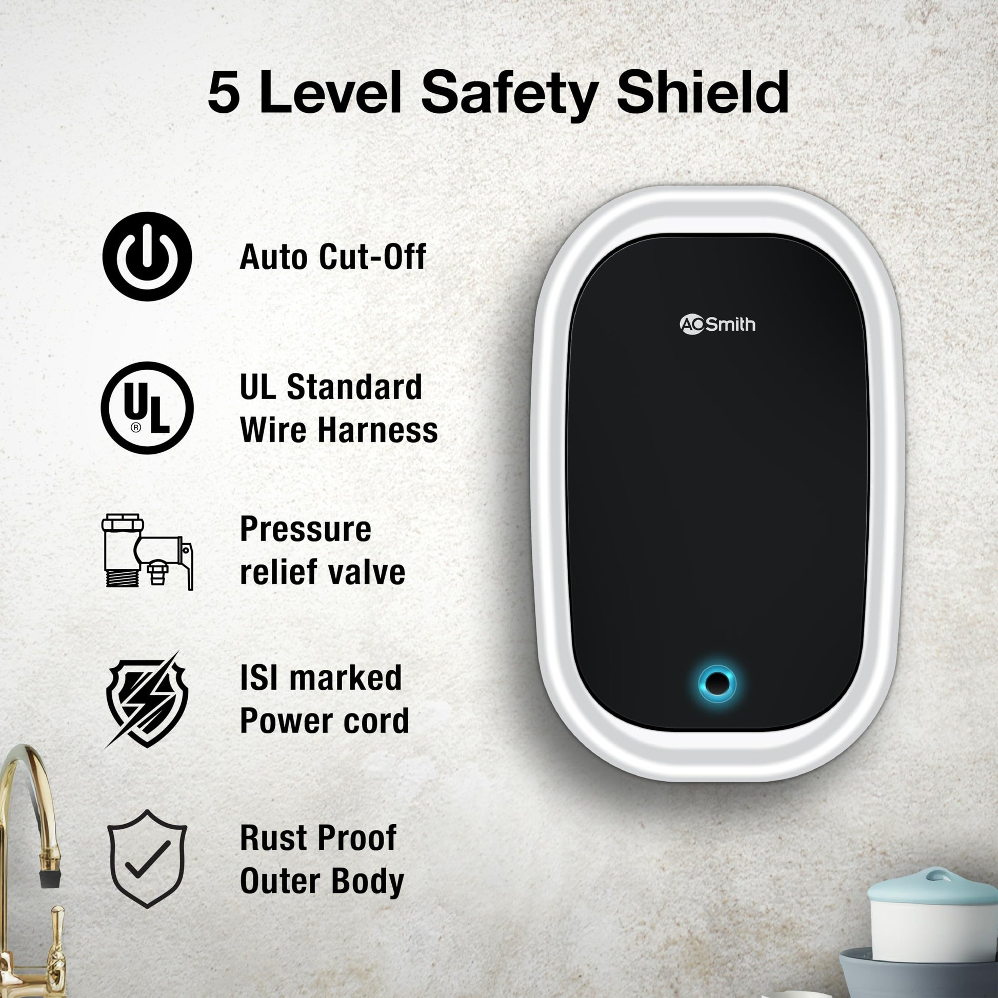 AO Smith EWS-5 White Instant Geyser 5 Litre With 3kW Express Heating | High Rise Building Bathroom & Kitchen geyser | UL Rated Wiring & Pressure Relief Valve For Ultimate Safety | 5 Year Tank Warranty 