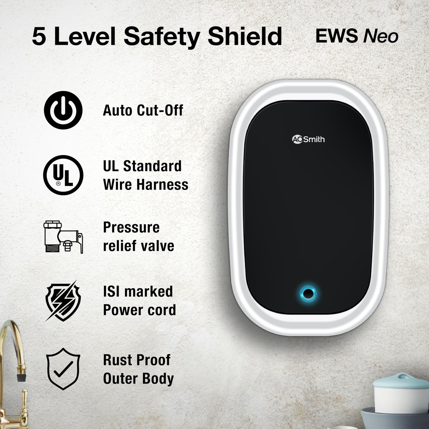 AO Smith EWS NEO-3L Instant Geyser 3 Litre With 3kW Express Heating | High Rise Building Bathroom & Kitchen geyser | UL Rated Wiring & Pressure Relief Valve For Ultimate Safety | 5 Year Tank Warranty 
