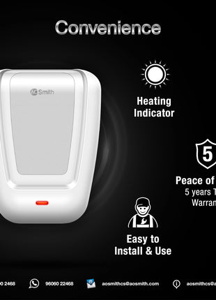 AO Smith EWS Plus Instant Water Heater 3 Litre with 3kW Incoloy Heating Element | 8 Bar Pressure Rating for High-rise Building | Instant Geyser for Kitchen & Bathroom | 5-Year Tank Warranty 