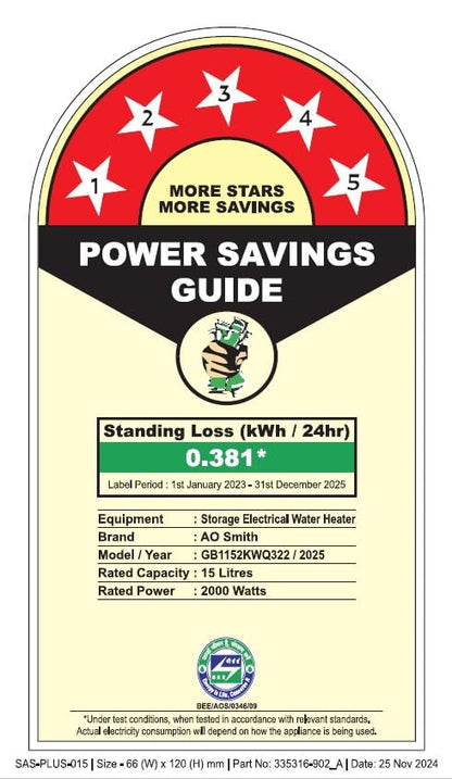 AO Smith Geyser 15 Ltr With 5 Star BEE Rating, Vertical Water Heater | Geyser 15+ Litre For High Rise Building | 7 Year Tank Warranty, 2 Year Comprehensive Warranty | SDS-GREEN-015 