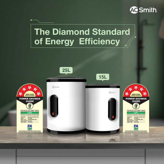 AO Smith Geyser 25 Litre 5 Star BEE Rating | 2KW | Storage Water Heater With 2X Corrosion Resistant Blue Diamond Glass Tank | Warranty: 7 Yr Tank, 3 Yr heating element & 2 Yr Overall | VAS PLUS 25L 