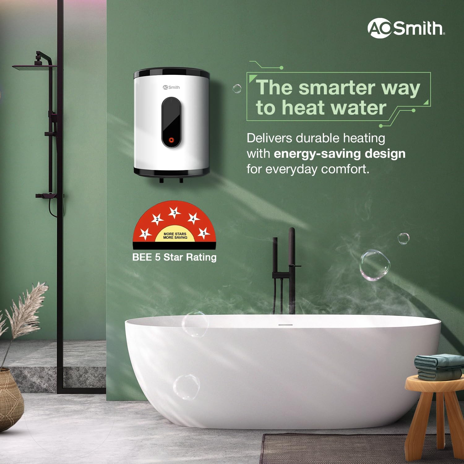 AO Smith Geyser 25 Litre 5 Star BEE Rating | 2KW | Storage Water Heater With 2X Corrosion Resistant Blue Diamond Glass Tank | Warranty: 7 Yr Tank, 3 Yr heating element & 2 Yr Overall | VAS PLUS 25L 