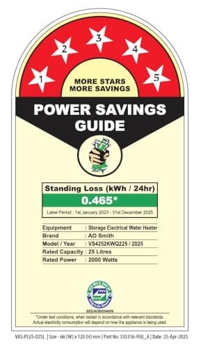 AO Smith Geyser 25 Litre 5 Star BEE Rating | 2KW | Storage Water Heater With 2X Corrosion Resistant Blue Diamond Glass Tank | Warranty: 7 Yr Tank, 3 Yr heating element & 2 Yr Overall | VAS PLUS 25L 