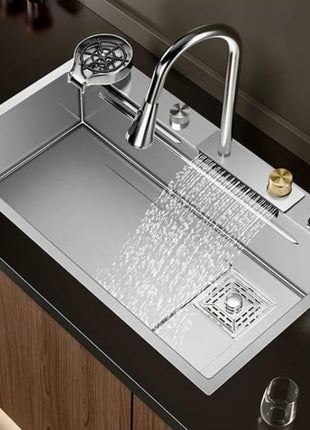 ARQUIN ARQUIN Waterfall Kitchen Sink 30 x18 x 9 inches Silver Kitchen Sink with ANTI SCRATCH HONEYCOMB Integrated Waterfall and Pull-down Faucet Set/304 Grade Stainless Steel Sink with Cup washer 