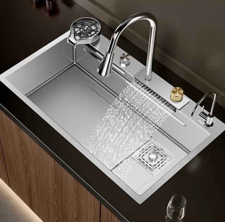ARQUIN ARQUIN Waterfall Kitchen Sink 30 x18 x 9 inches Silver Kitchen Sink with ANTI SCRATCH HONEYCOMB Integrated Waterfall and Pull-down Faucet Set/304 Grade Stainless Steel Sink with Cup washer