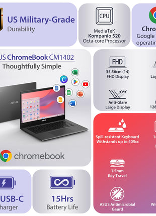 ASUS Chromebook CM14, Octa-Core MediaTek Kompanio 520, 14" (32.46 Cms) FHD, Thin and Light Chromebook (8GB RAM/128G + Kaspersky Standard 1 Device 1 Year (Physical Pack) 